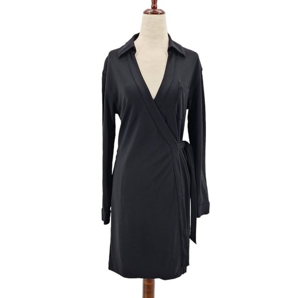 Diane Von Furstenberg Helena Dress Black V-neck Collared Wrap Dress Womens 4 - Picture 1 of 9